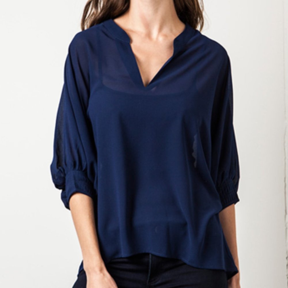 Semi Transparent Navy Blue Half Sleeve Blouse
